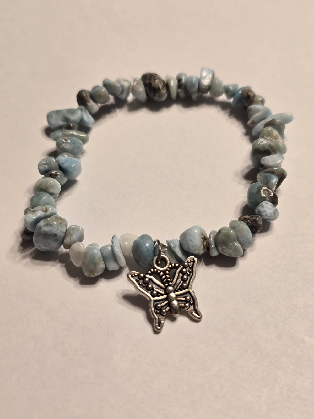 Larimar Chip Stretch Bracelet with Silver Butterfly Charm - Light Blue